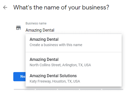 Screenshot of Amazing Dental's answer to "What's the name of your business?"
