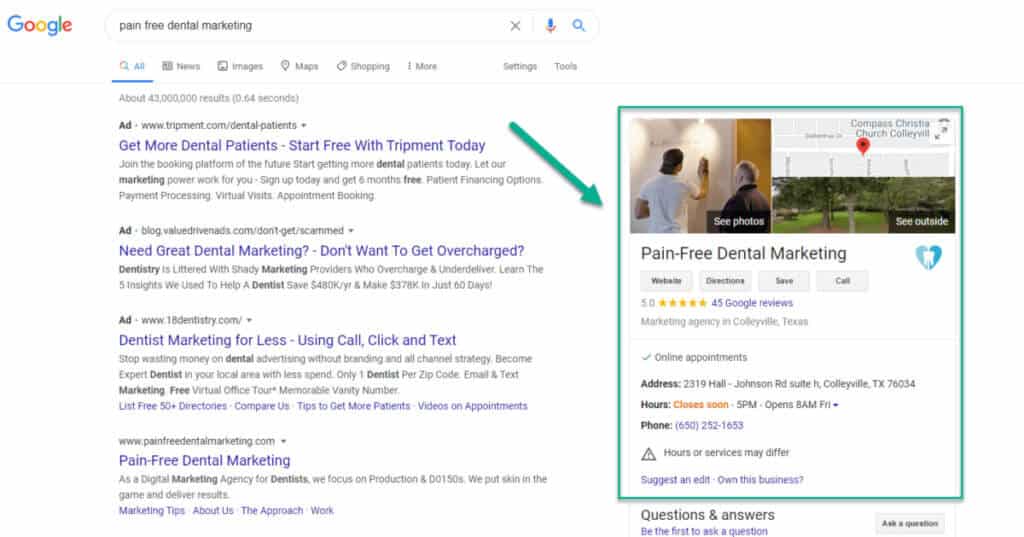 Google My Business page screen shot for Pain Free Dental Marketing